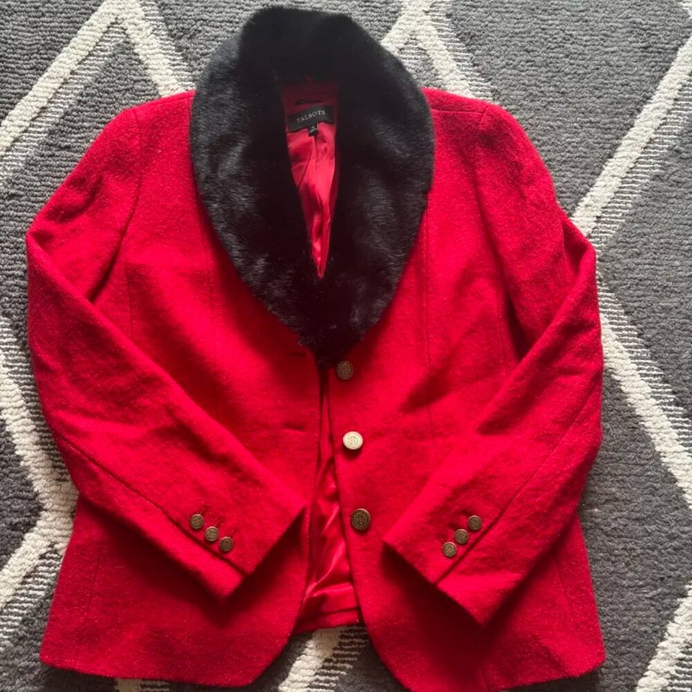 Talbots Red Shetland Jacket with Faux Black Fur Trim